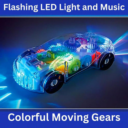 Light-Up Transparent Car with Moving Gears, Music & Durable Plastic, Suitable for Kids 6 Months+