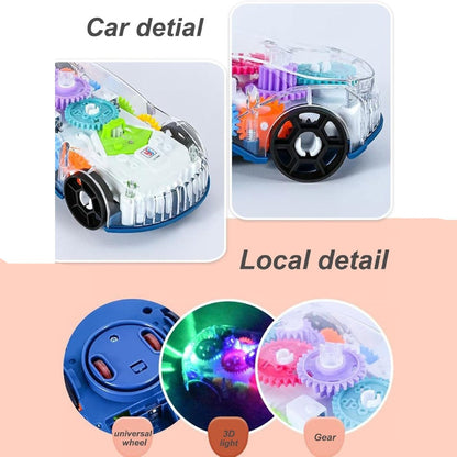 Light-Up Transparent Car with Moving Gears, Music & Durable Plastic, Suitable for Kids 6 Months+