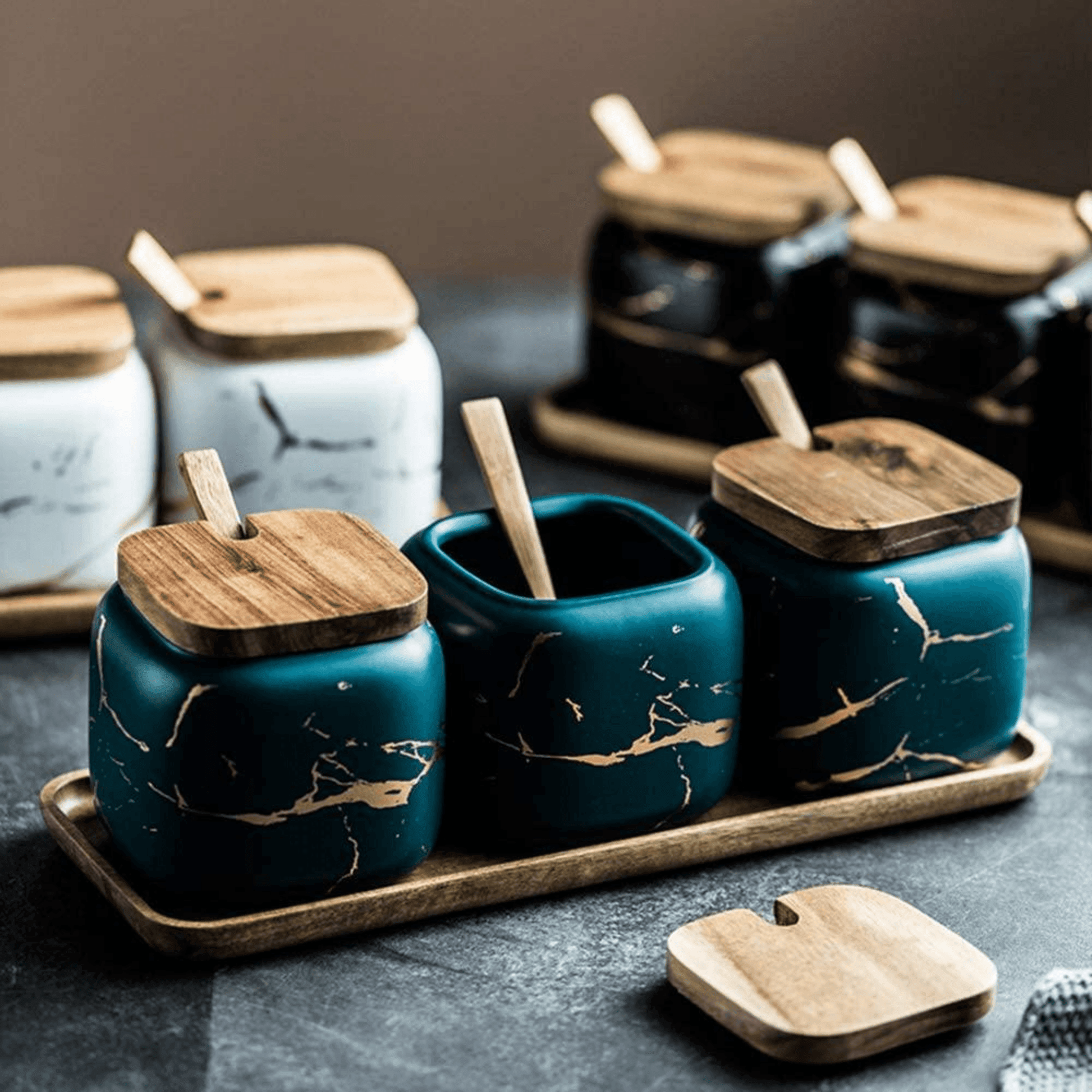 Luxury Porcelain Spice Jars Set with Wooden Tray - Modern Marble Design, Airtight Spice Containers for Kitchen Organization 1