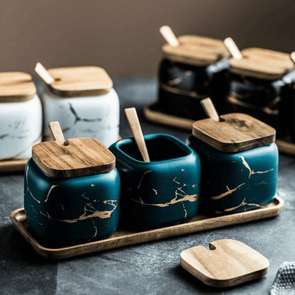 Luxury Porcelain Spice Jars Set with Wooden Tray - Modern Marble Design, Airtight Spice Containers for Kitchen Organization 1