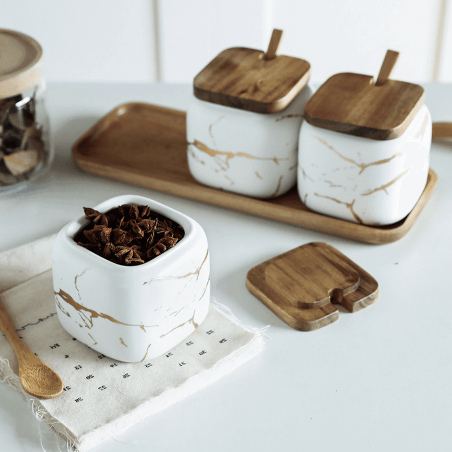 Luxury Porcelain Spice Jars Set with Wooden Tray - Modern Marble Design, Airtight Spice Containers for Kitchen Organization 2