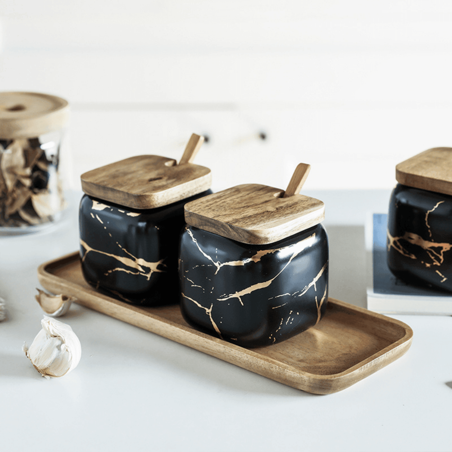 Luxury Porcelain Spice Jars Set with Wooden Tray - Modern Marble Design, Airtight Spice Containers for Kitchen Organization 3