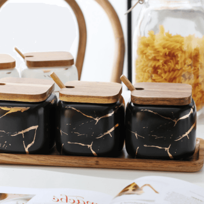 Luxury Porcelain Spice Jars Set with Wooden Tray - Modern Marble Design, Airtight Spice Containers for Kitchen Organization 4
