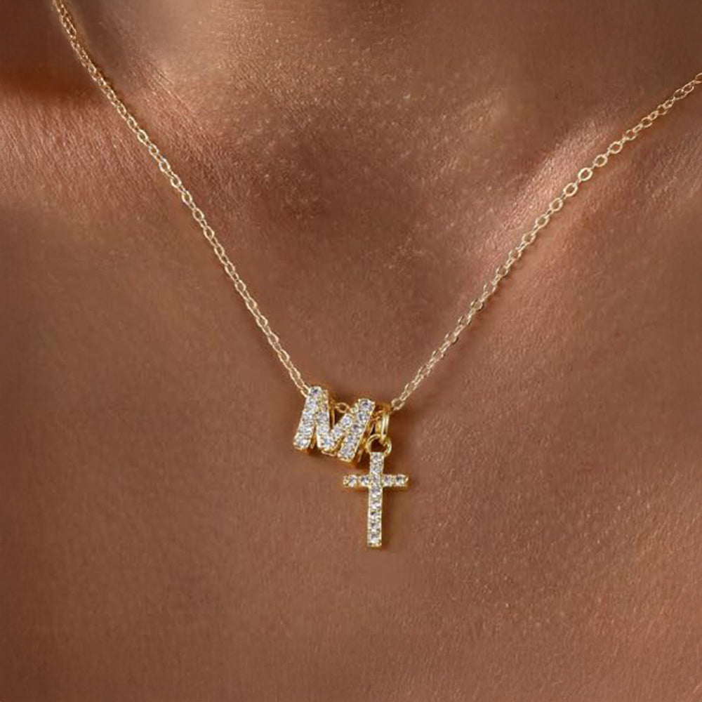 Delicate Initial and Cross Diamond Pendant Necklace