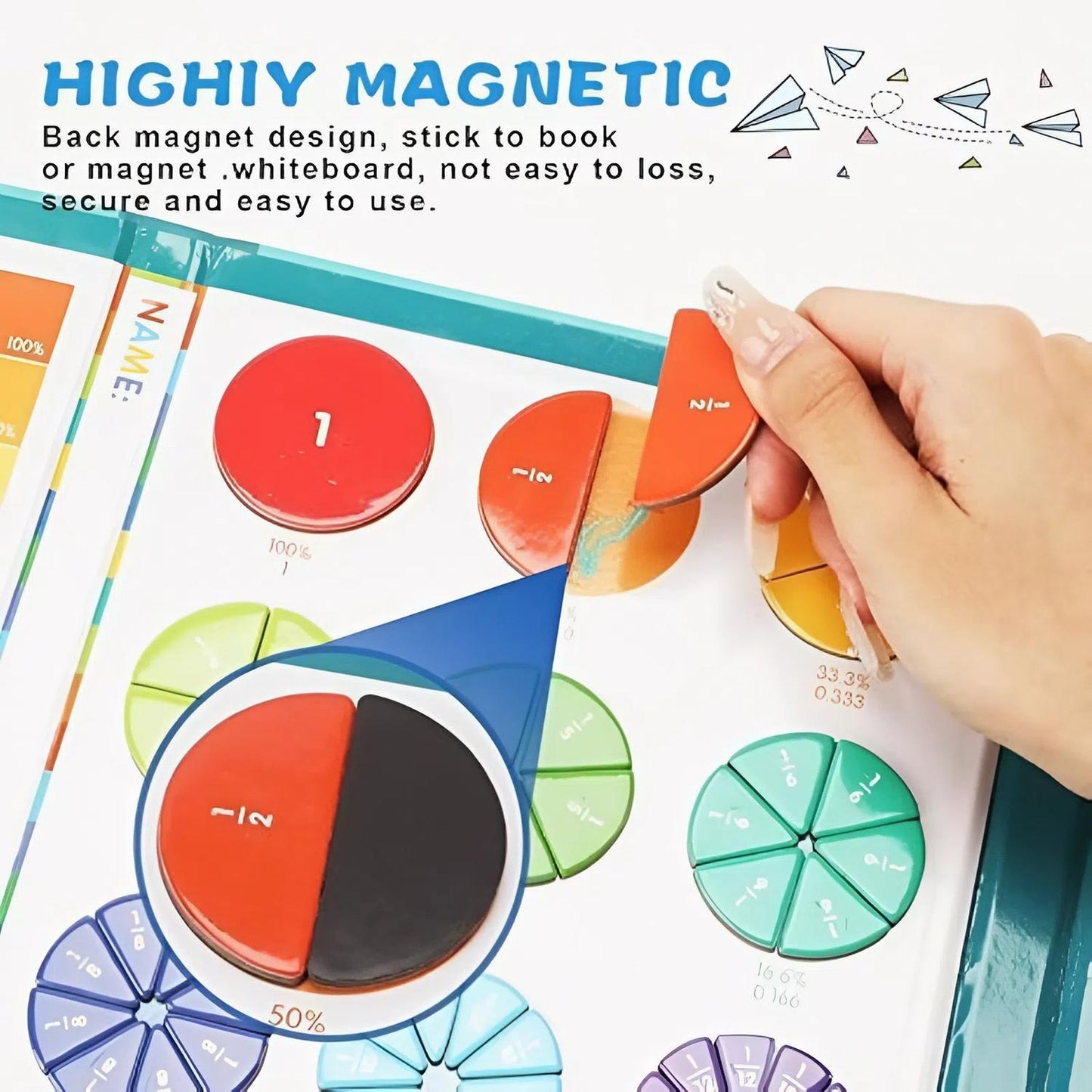 Magnetic Montessori Fraction Puzzle, Wooden Math Learning Game with Magnetic Tiles & Circles, Safe for Ages 3+