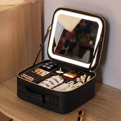 Compact Travel Makeup Box with LED Light & Mirror