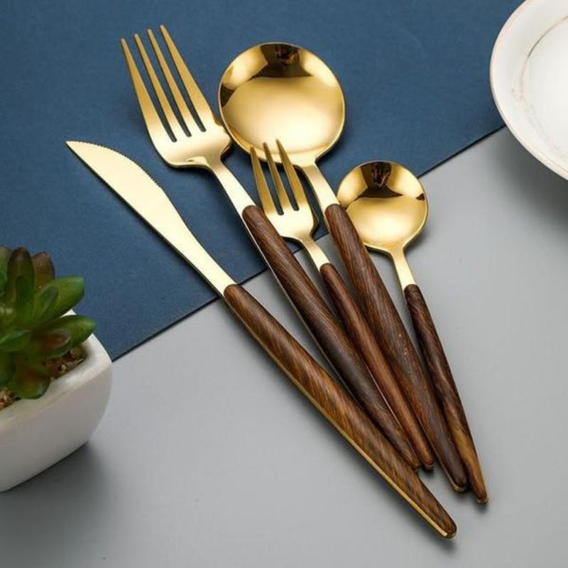 Modern Gold and Wood Cutlery Set - Elegant 5-Piece Dining Utensils with Stainless Steel and Wood Handles 1