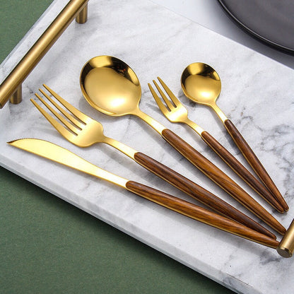 Modern Gold and Wood Cutlery Set - Elegant 5-Piece Dining Utensils with Stainless Steel and Wood Handles 3