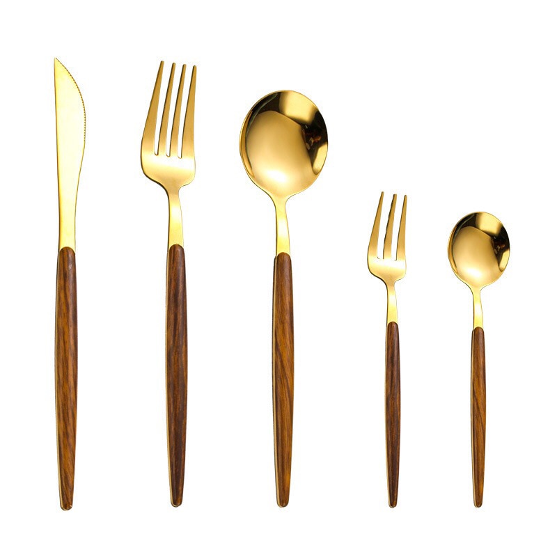 Modern Gold and Wood Cutlery Set - Elegant 5-Piece Dining Utensils with Stainless Steel and Wood Handles 5