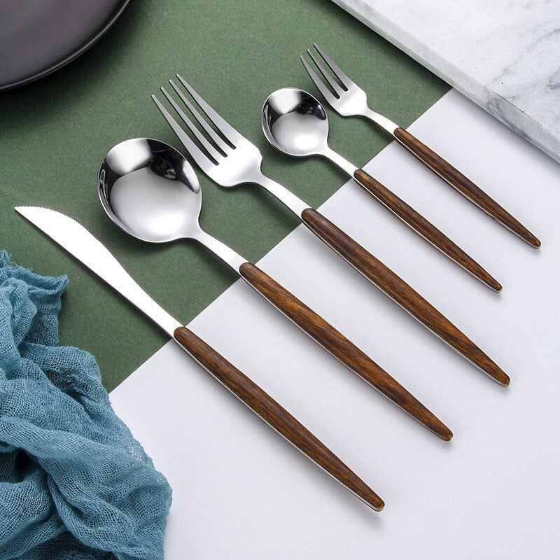 Modern Gold and Wood Cutlery Set - Elegant 5-Piece Dining Utensils with Stainless Steel and Wood Handles 6