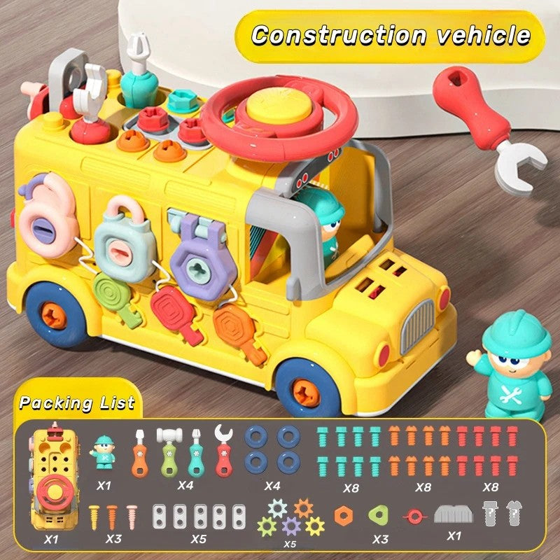 Montessori Activity Repair Bus Toy with Fine Motor Skills, Gear Matching & Creative Tool Play for Ages 1+