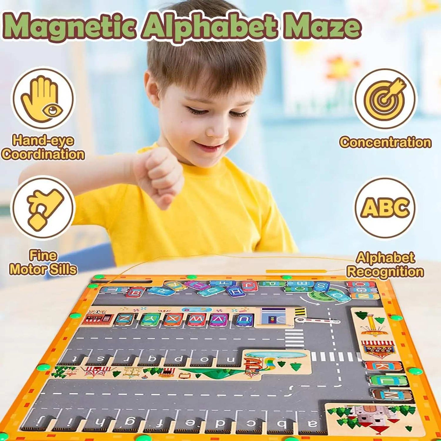 Montessori Magnetic Alphabet Maze Letter, Parking Lot Puzzles Game, Education Toy, Safe for Ages 2+