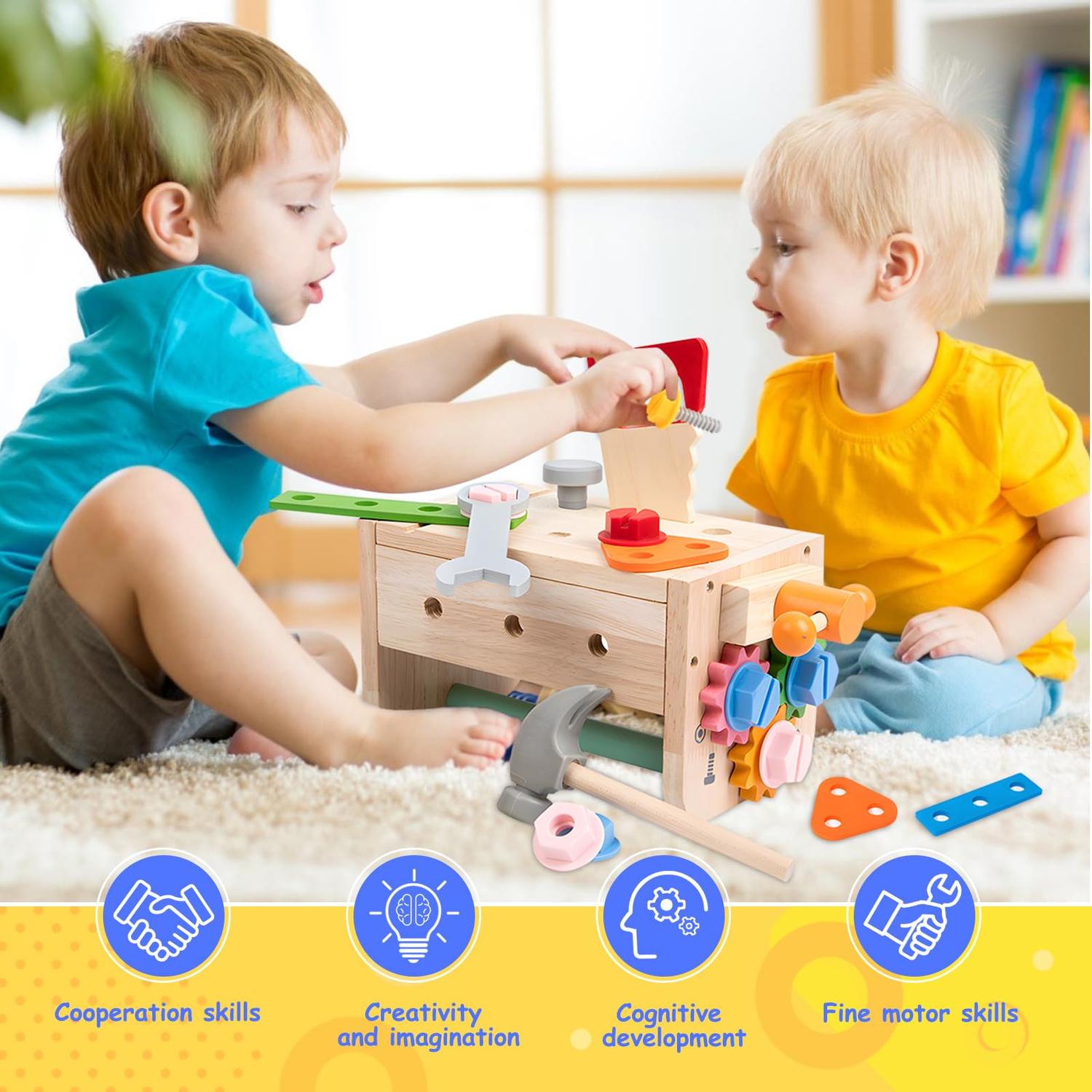 Montessori Wooden Tool Bench Toy Set, Construction Role Play Game, Safe for Ages 3+