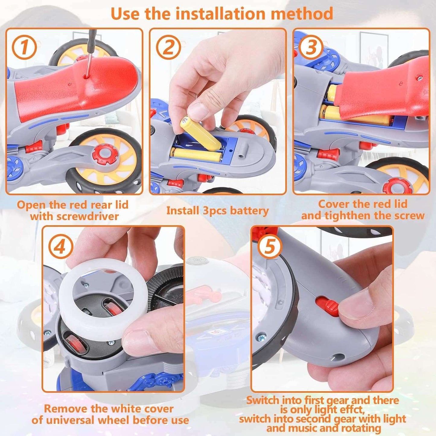Music Distortion Motorcycle with 4-wheel spinning mode, 360° rotation, and safe for kids ages 3+