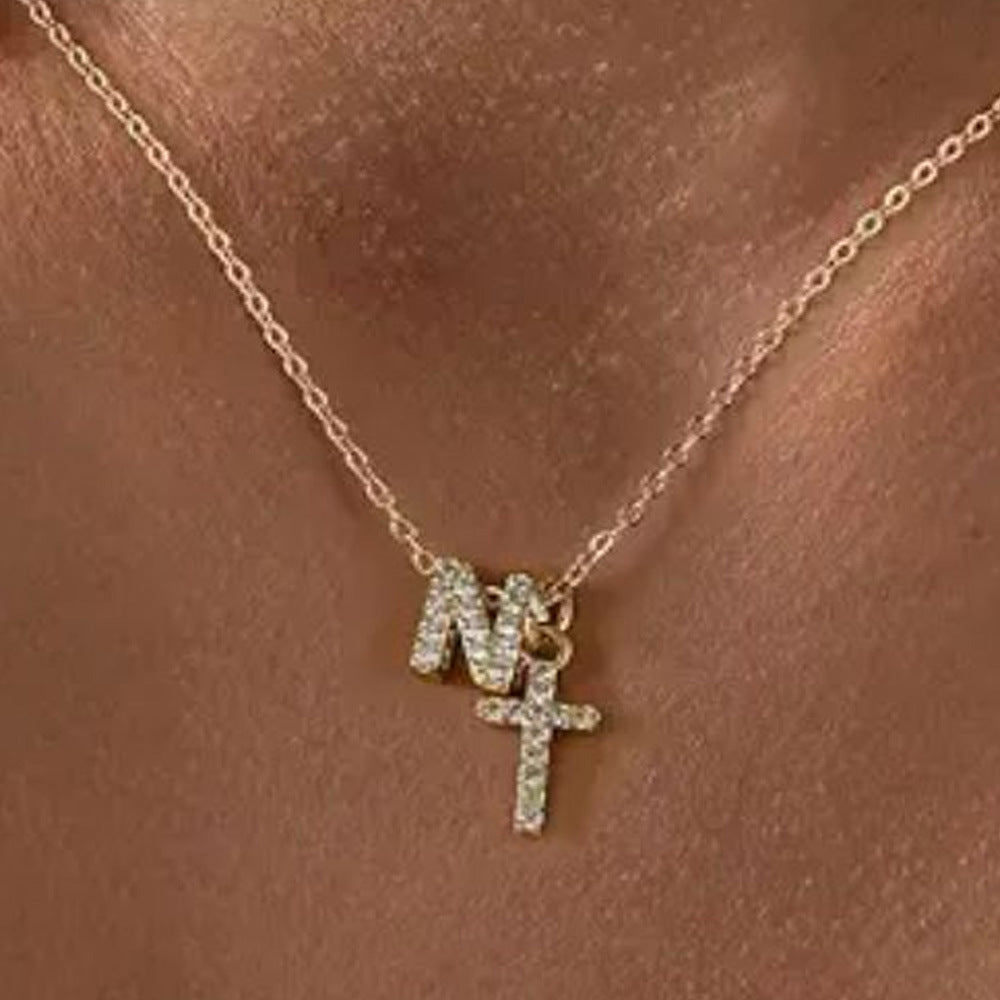 Delicate Initial and Cross Diamond Pendant Necklace