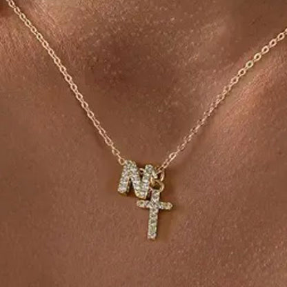 Delicate Initial and Cross Diamond Pendant Necklace