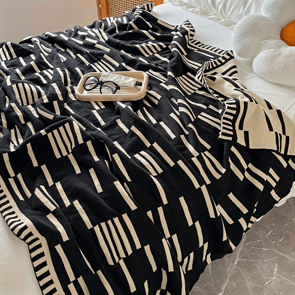 Cozy Plaid Knitted Blanket Beige Black - Halri