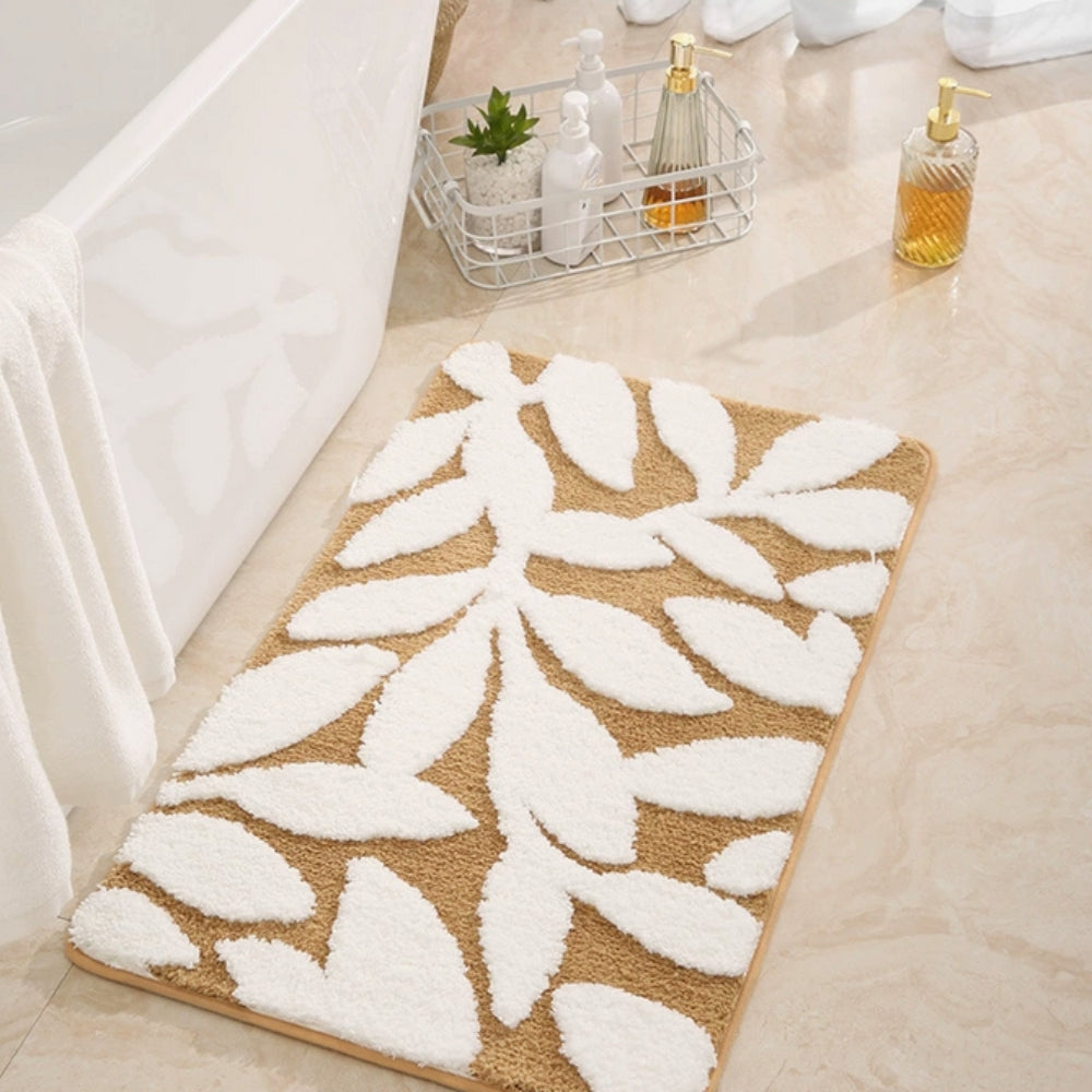 Grip Bathroom Mat, Plush Microfiber, Green Leaf Design - Halri