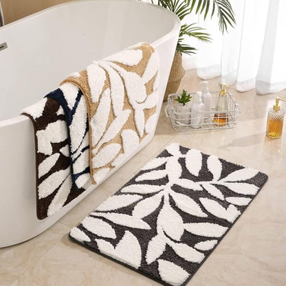 Grip Bathroom Mat, Plush Microfiber, Green Leaf Design