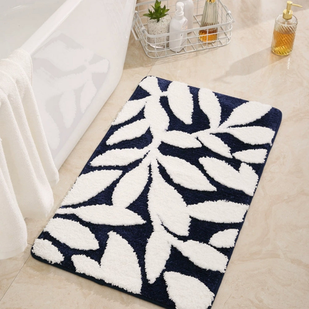 Grip Bathroom Mat, Plush Microfiber, Green Leaf Design