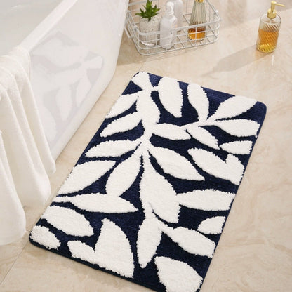 Grip Bathroom Mat, Plush Microfiber, Green Leaf Design