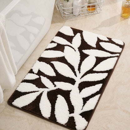 Grip Bathroom Mat, Plush Microfiber, Green Leaf Design