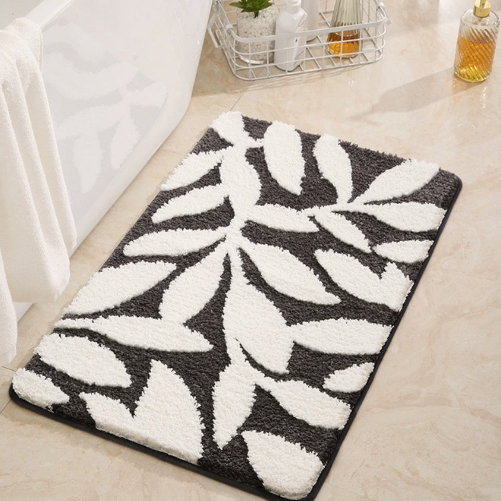 Grip Bathroom Mat, Plush Microfiber, Green Leaf Design
