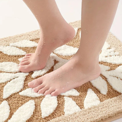 Grip Bathroom Mat, Plush Microfiber, Green Leaf Design