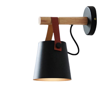 Rustic Wooden Wall Light with Leather Shade - Halri