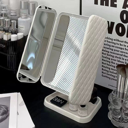 White LED lamp with mirror on a desk with beauty products