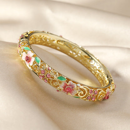Luxurious 14k Gold Diamond Floral Bangle Bracelets - Halri