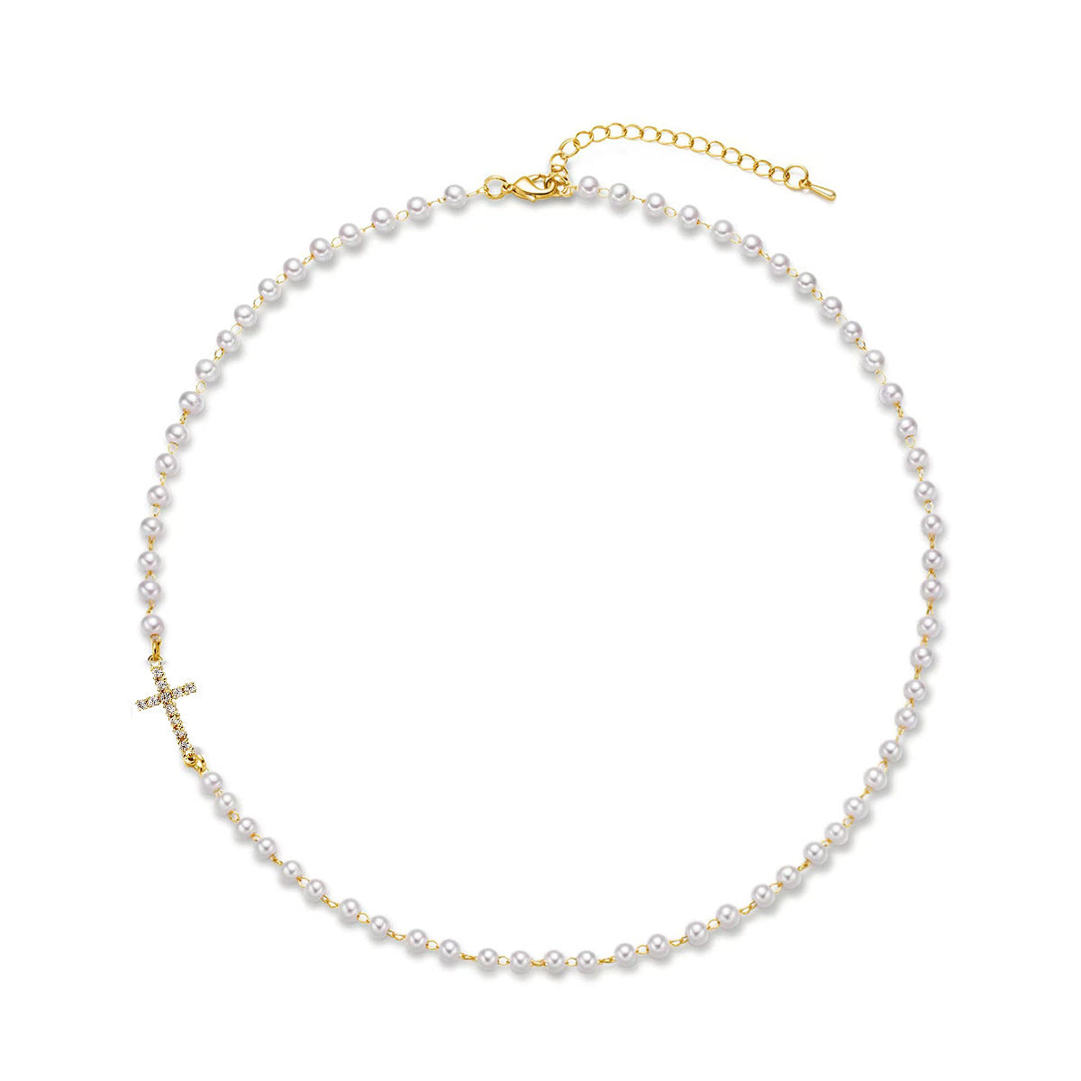 Delicate Fake Pearl Cross Bar Necklace