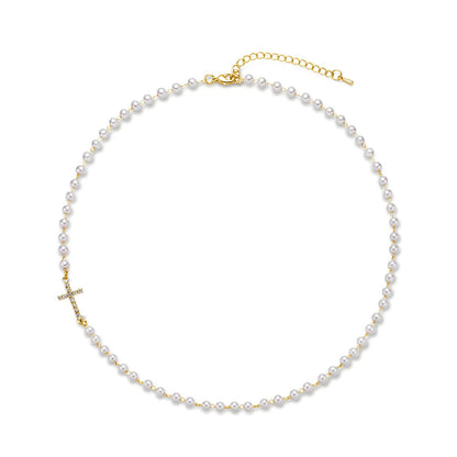 Delicate Fake Pearl Cross Bar Necklace