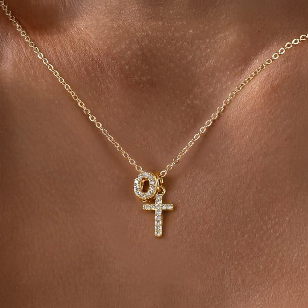 Delicate Initial and Cross Diamond Pendant Necklace