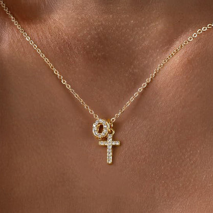 Delicate Initial and Cross Diamond Pendant Necklace