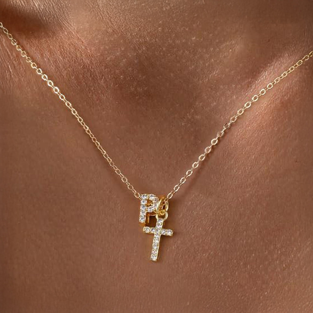 Delicate Initial and Cross Diamond Pendant Necklace