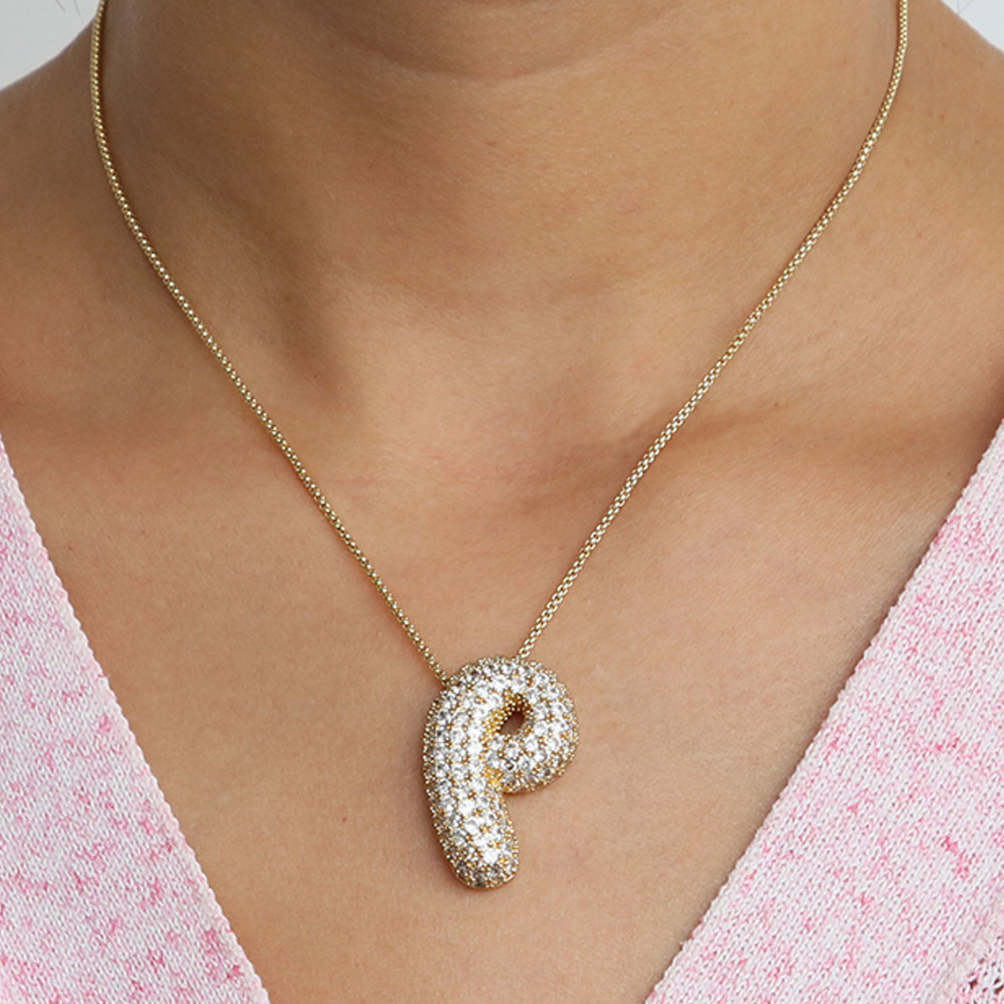 Bold Letter Bubble Diamond Initial Pendants