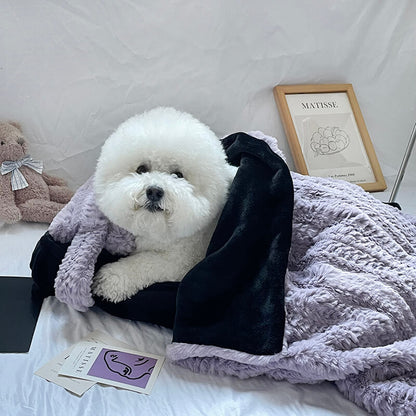 Soft Pink Cozy Pet Bed with Cushion & Throw