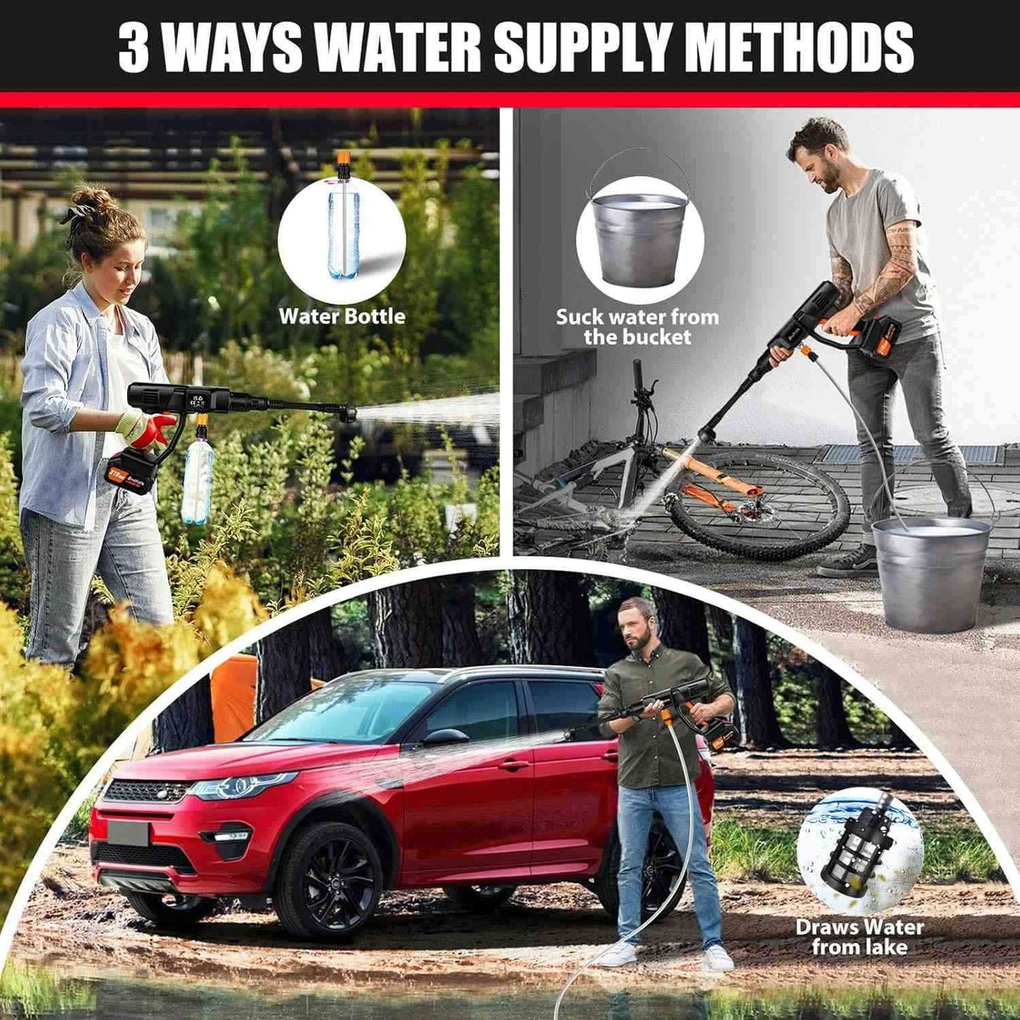 Portable Car Wash Spray Gun with 21V Rechargeable Lithium Battery, Draws Water from Bucket, Bottle or Lake