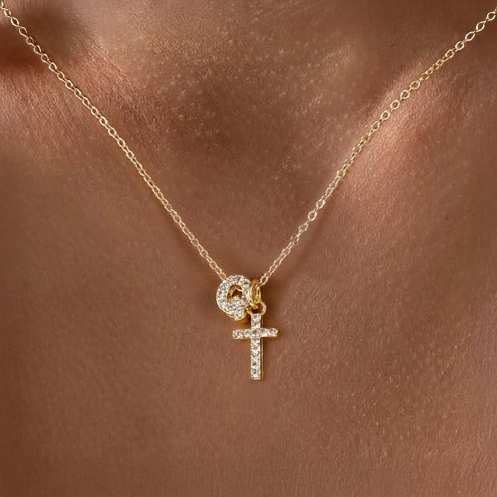 Delicate Initial and Cross Diamond Pendant Necklace