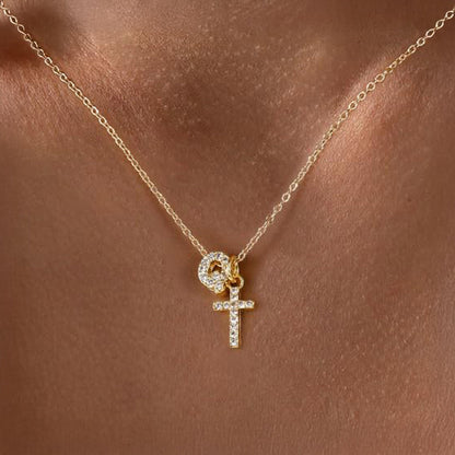 Delicate Initial and Cross Diamond Pendant Necklace