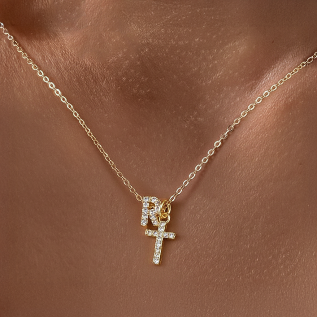 Delicate Initial and Cross Diamond Pendant Necklace
