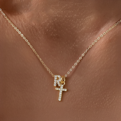 Delicate Initial and Cross Diamond Pendant Necklace