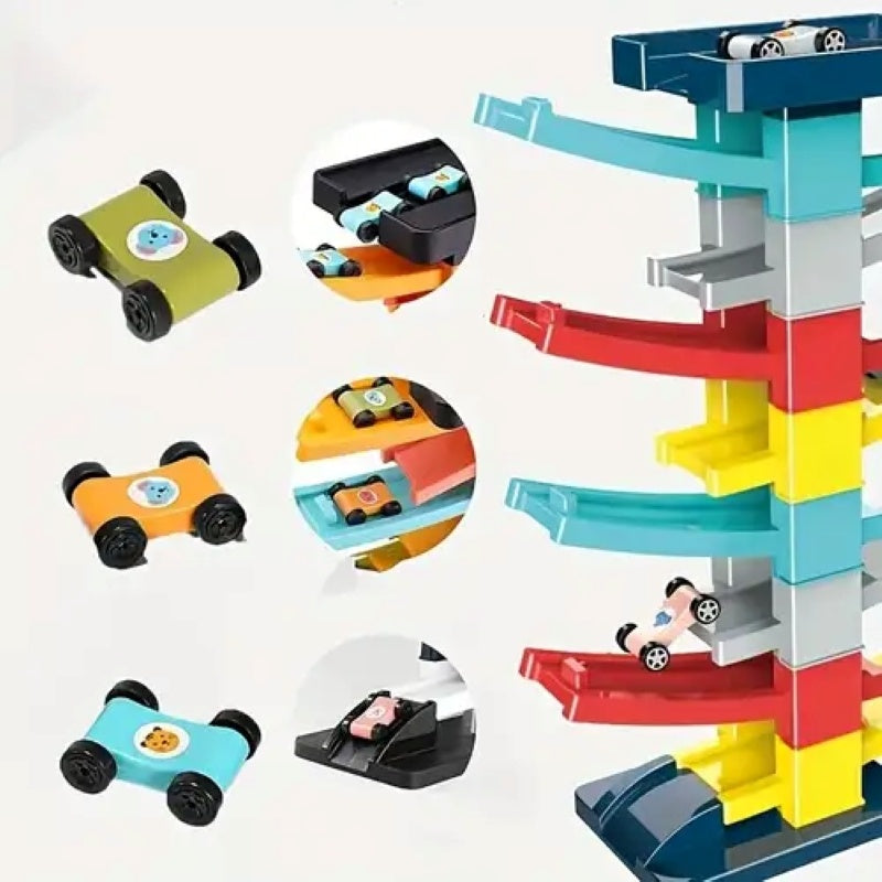 Ramp Car Toy, Zigzag Slide with Rooftop Parking, Color Recognition & Motor Skill Development, Safe for Ages 3+