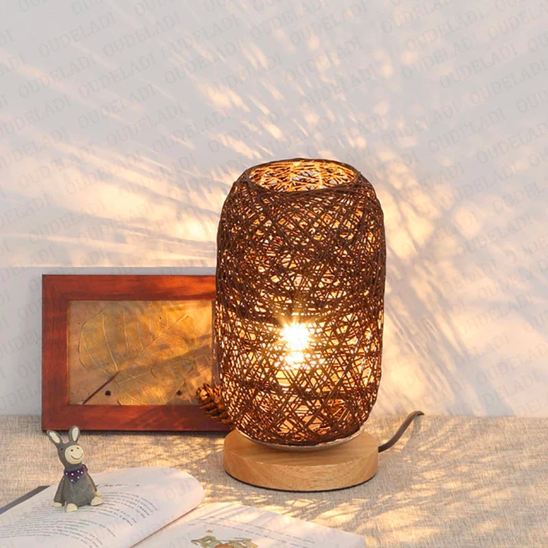 Natural Woven Bedside Table Lamp with Wood Base - Halri