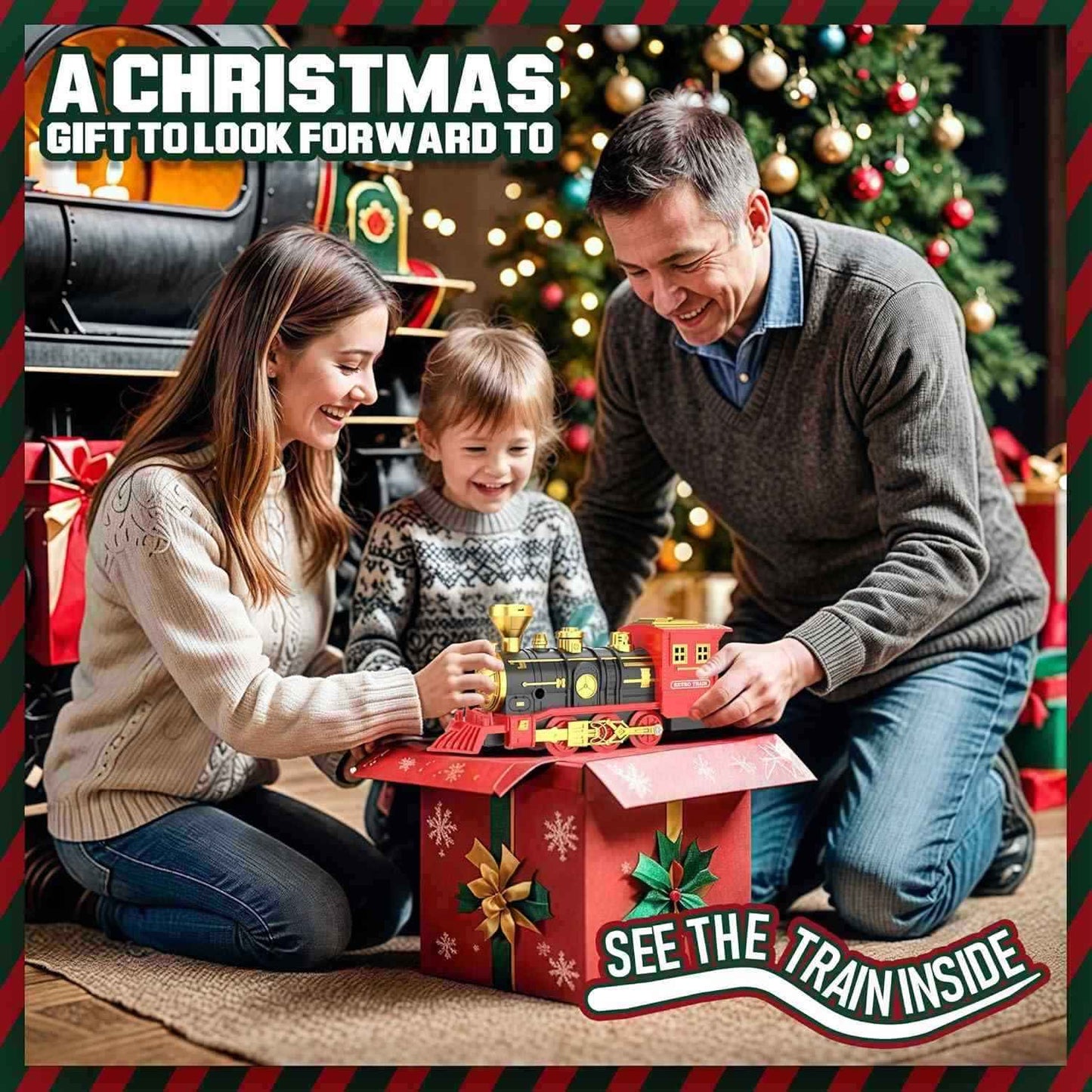 Red Christmas Tree Toy Steam Train Set with Lights Sounds Christmas Train Set Electric Train Sets for Kids Toy Christmas Under Tree Decoration