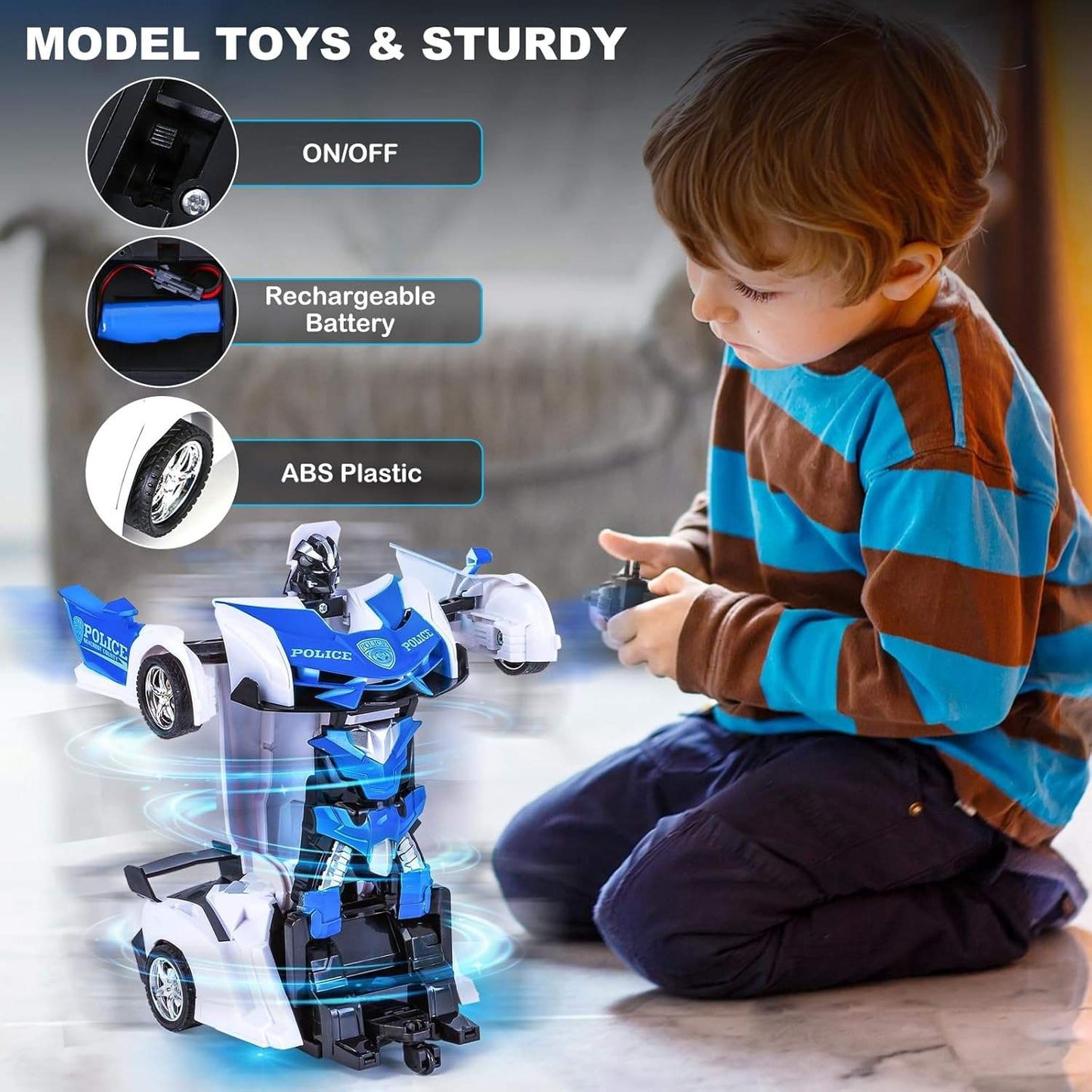 Remote Control Robot Car Transforming Toy with LED Lights, Safe for Ages 3+