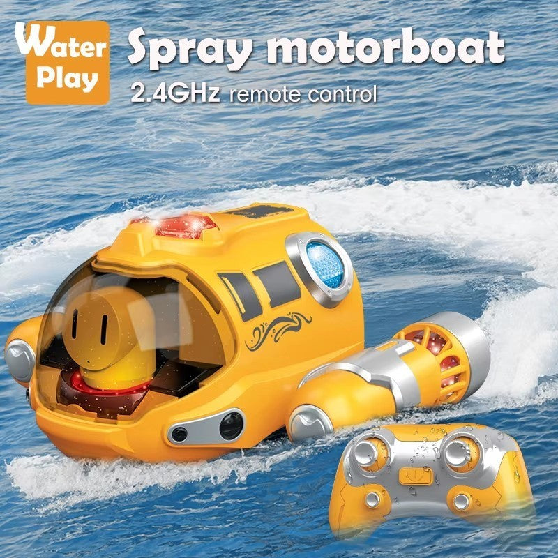 Remote Control Spray Motorboat Toy with Waterproof Design, LED Lights, Safe for Ages 3+