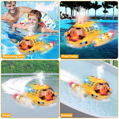 Remote Control Spray Motorboat Toy with Waterproof Design, LED Lights, Safe for Ages 3+