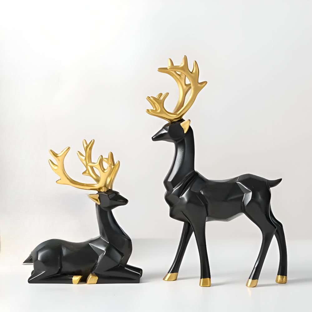 Geometric Reindeer Figurine Set - Contemporary 2pc Decor